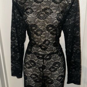 Black Lace Long Sleeve whole Bodysuit